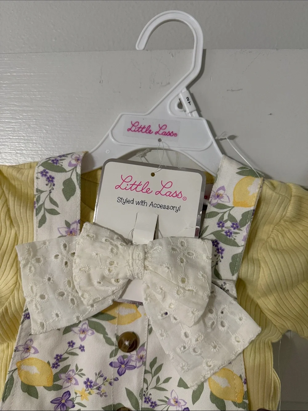 Little Lass Yellow Ribbed Tee with Cream Lemon Floral Pinafore Set